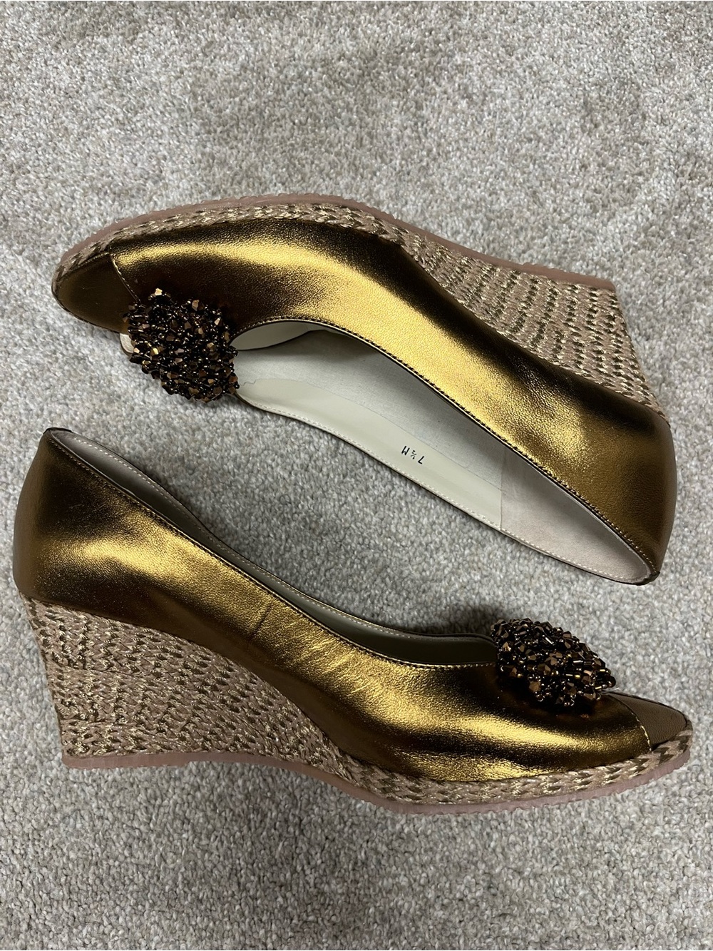 New Sesto Meucci Bronze Espadrille PeepToe Wedge Beaded Accent 7.5 2.5" Heel